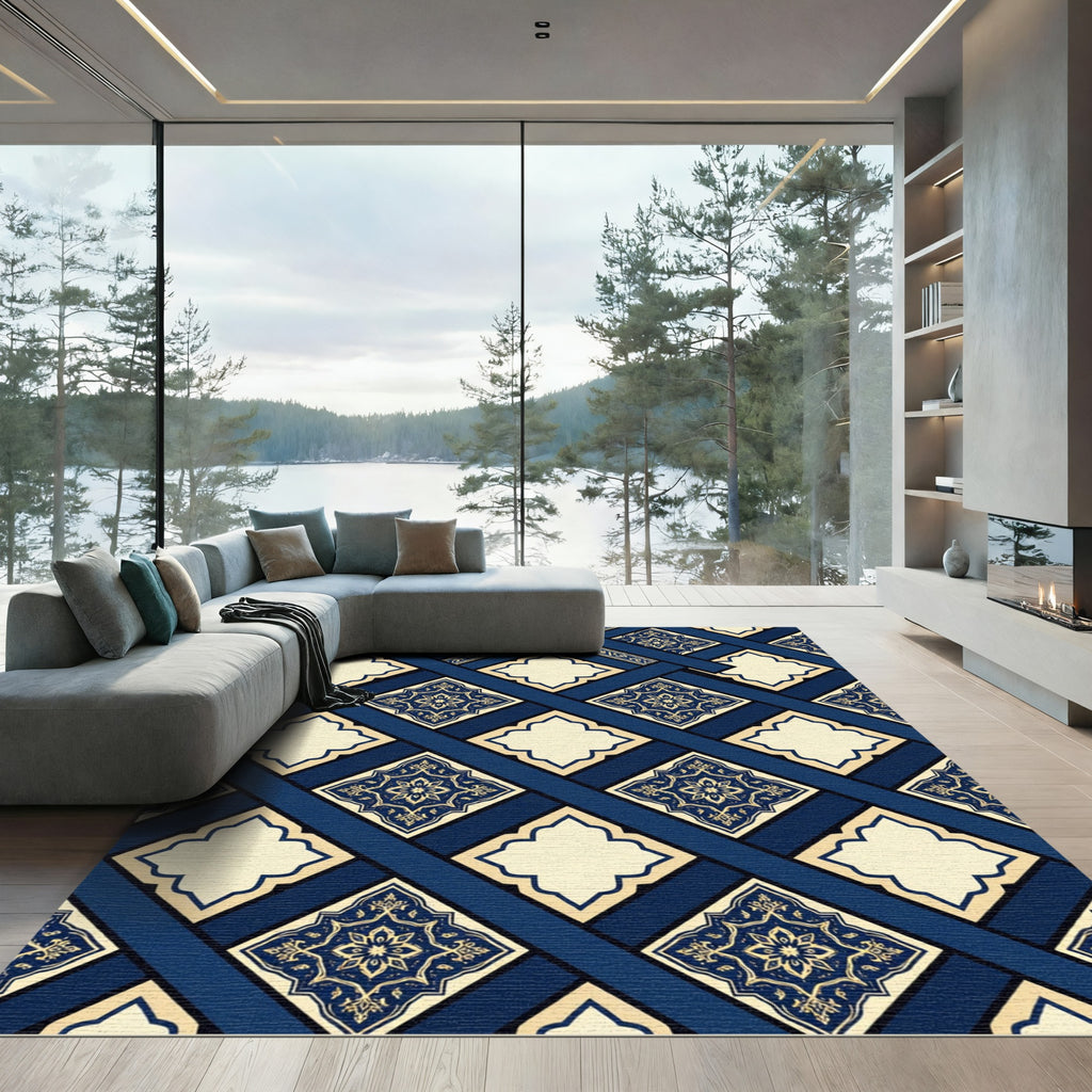 Deep Navy Gold Medallion Lattice Rug