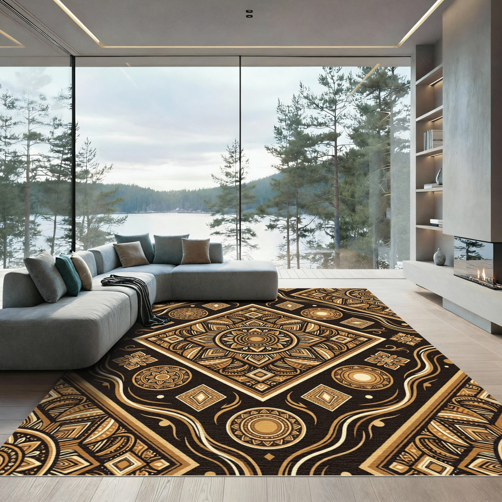 Gold Mandala Geometric Diamond Medallion Rug
