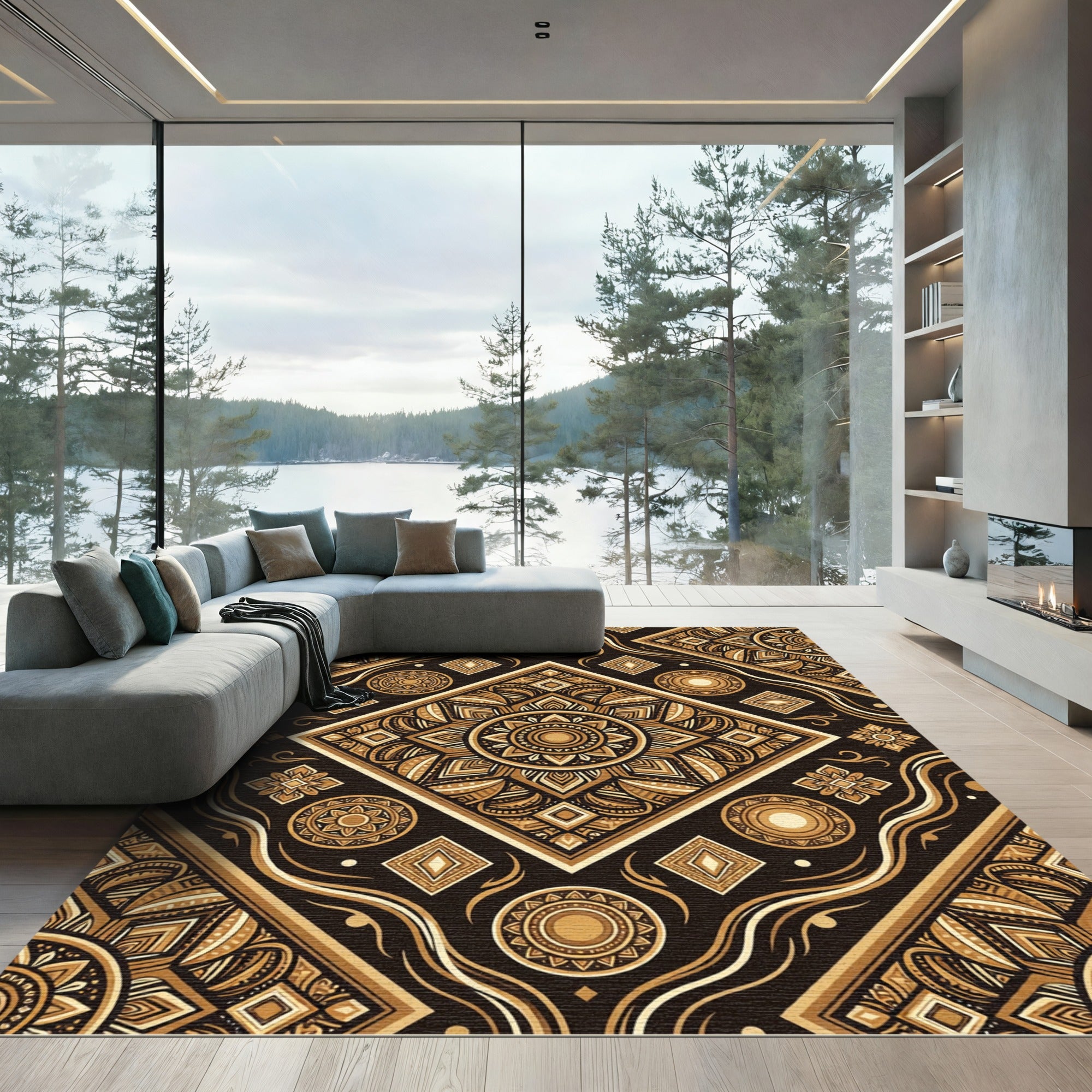 Gold Mandala Geometric Diamond Medallion Rug