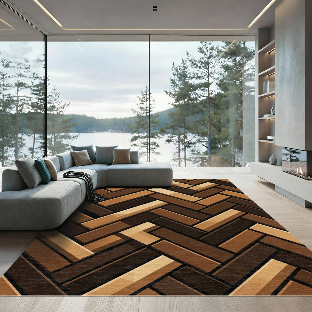 Rich Brown Herringbone Wood Grain Rug