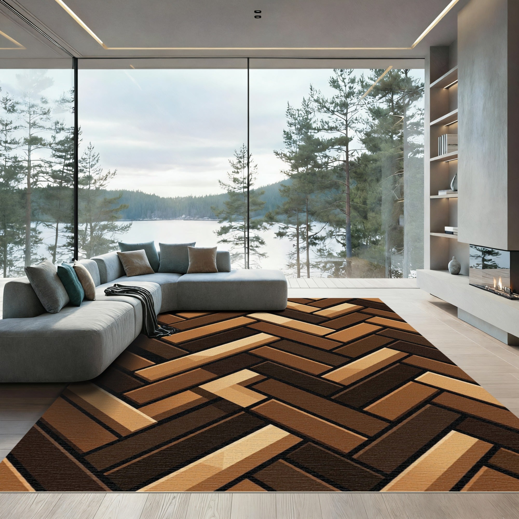 Rich Brown Herringbone Wood Grain Rug