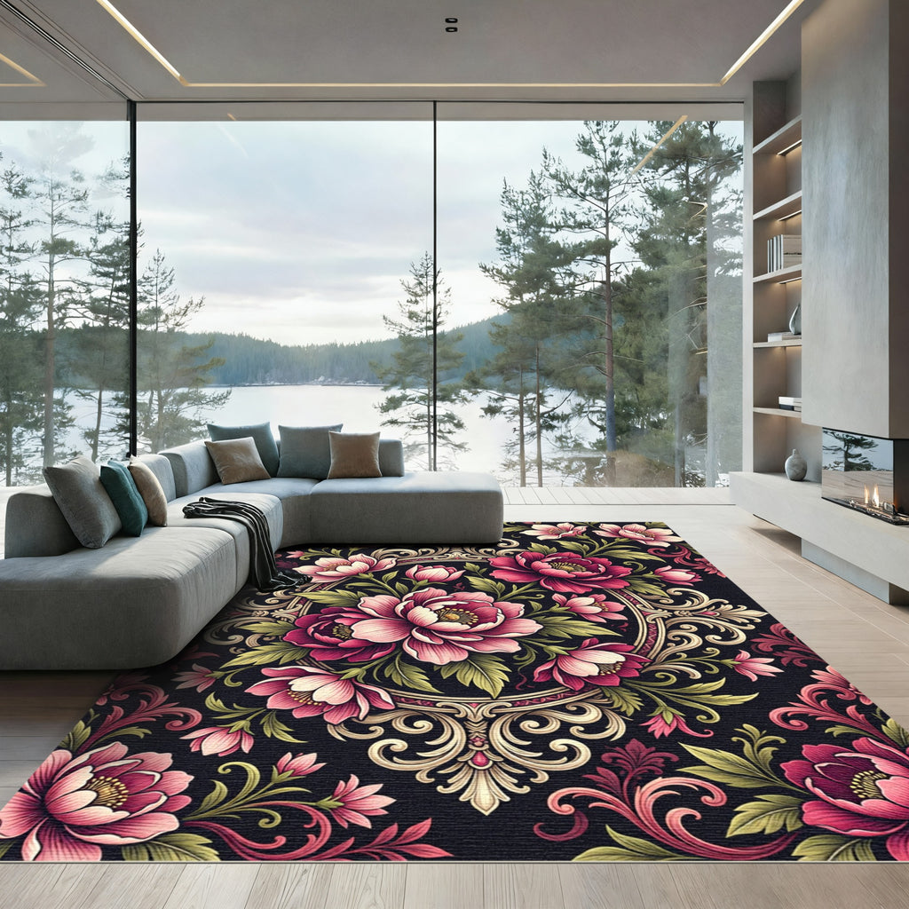 Elegant Pink Floral Baroque Medallion Rug