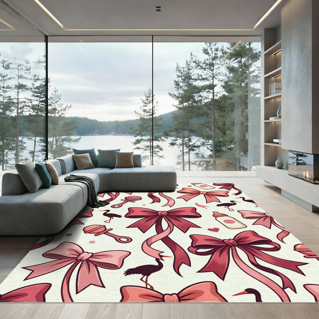Whimsical Blush Pink Bow Stork Rug