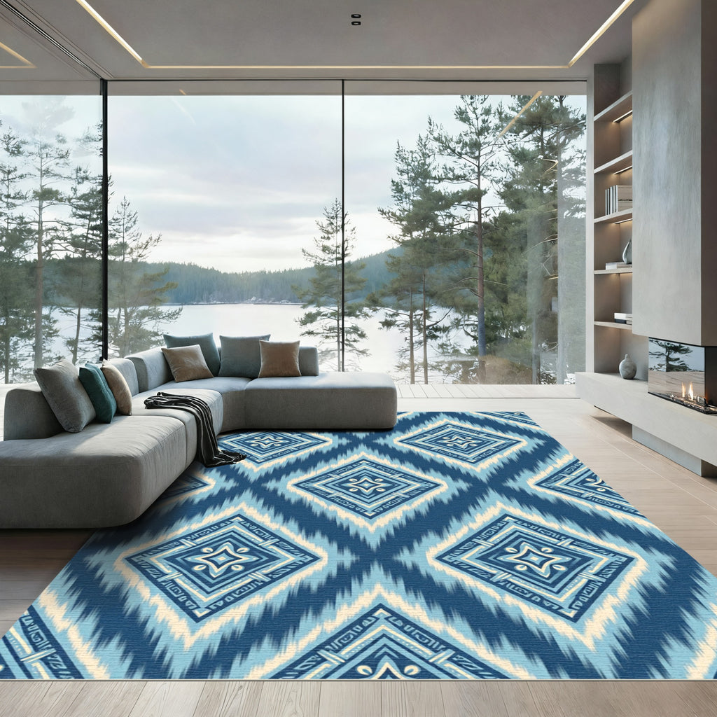 Indigo Blue Ikat Diamond Tile Rug
