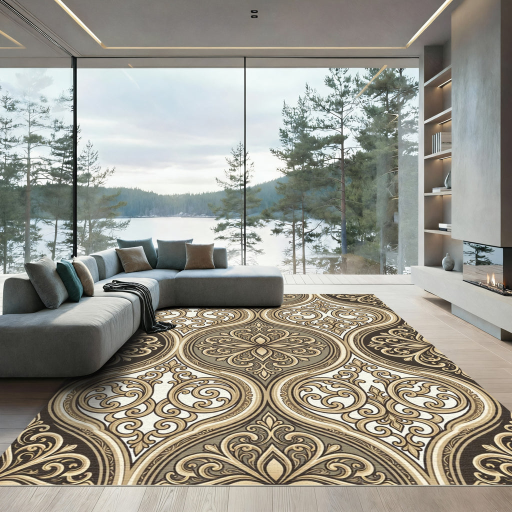 Elegant Gold Damask Scroll Ornament Rug