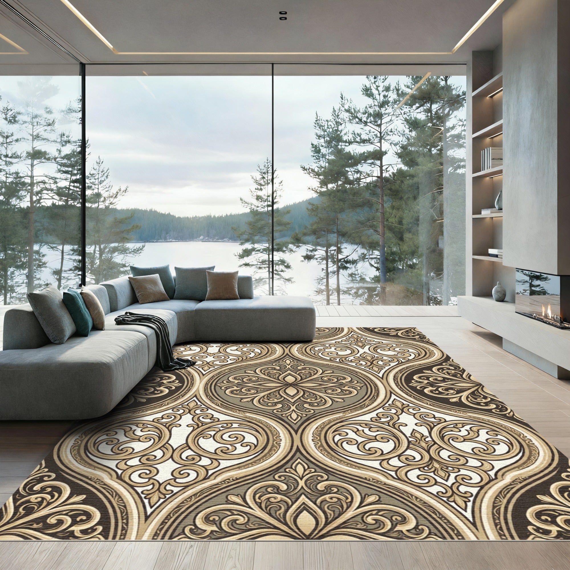 Elegant Gold Damask Scroll Ornament Rug