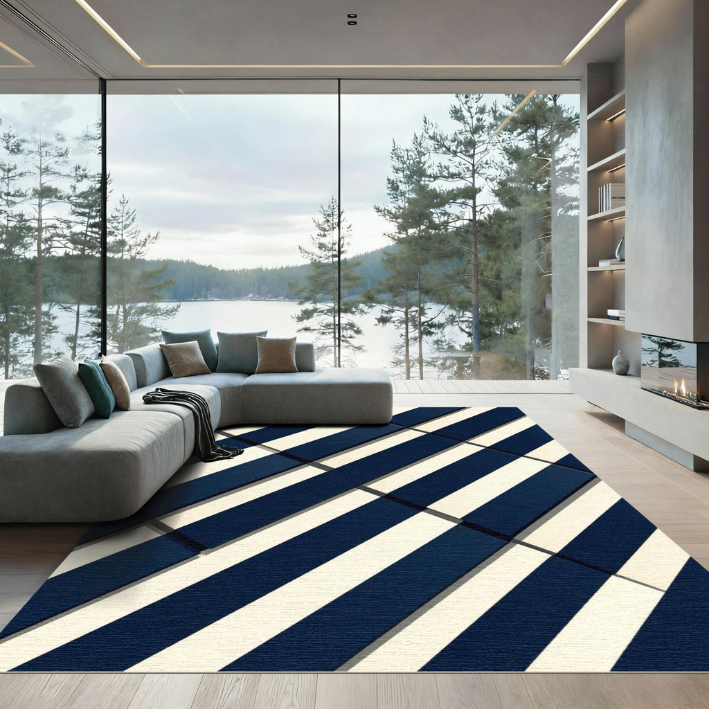 Navy Cream Diagonal Stripe Rug