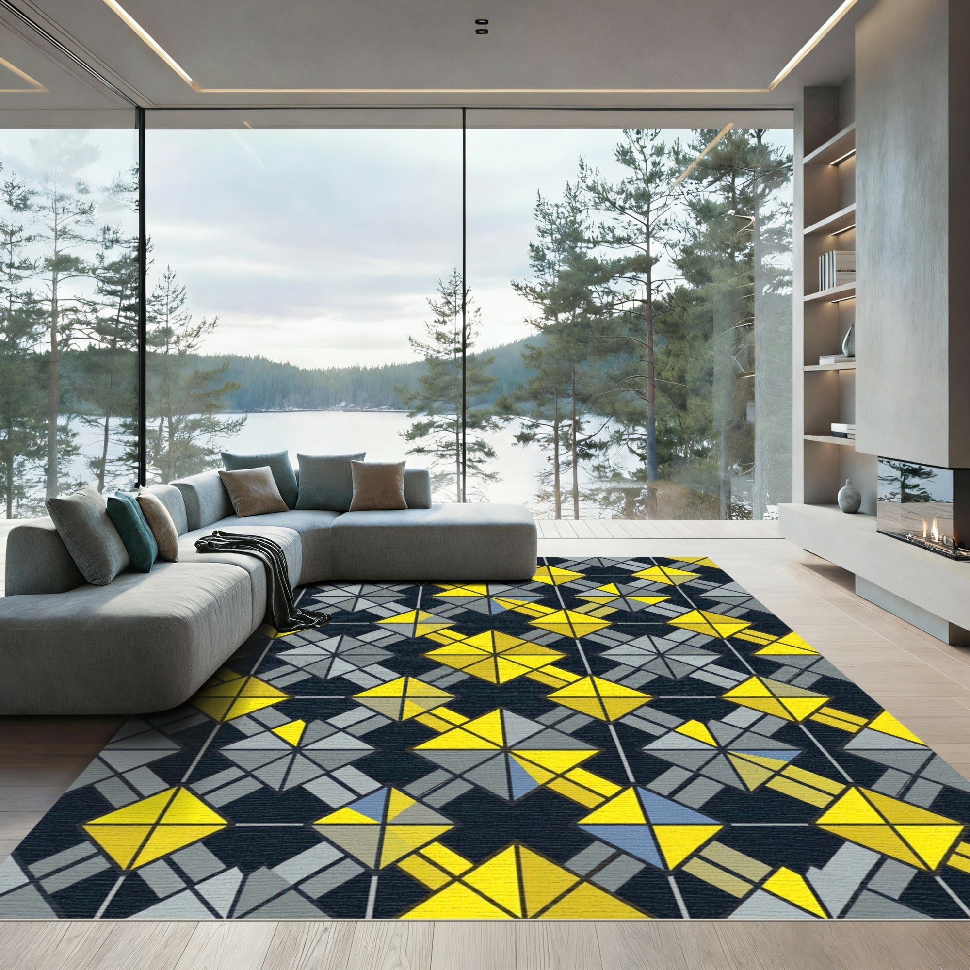 Modern Geometric Diamond Checkerboard Yellow Gray Rug