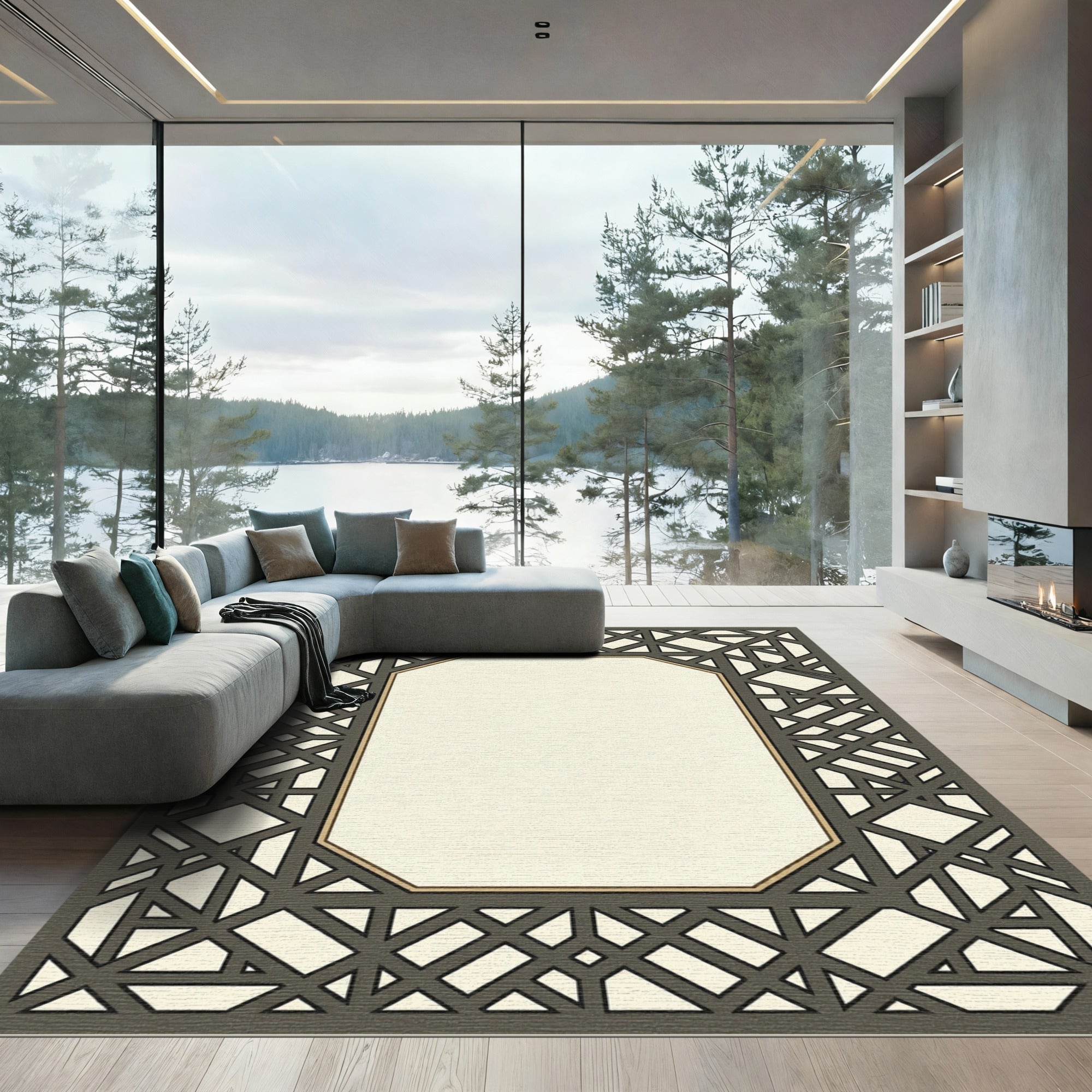 Geometric Dark Gray Lattice Frame Rug