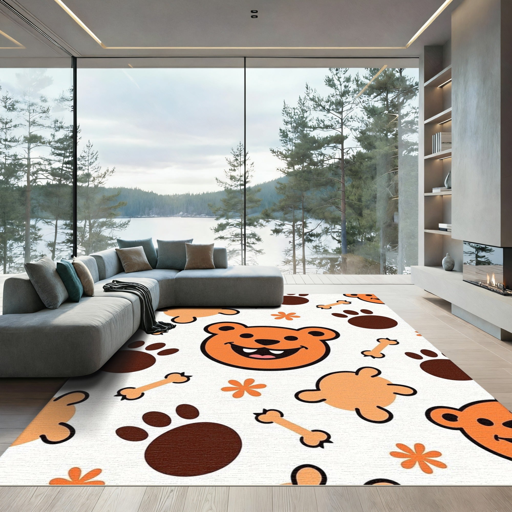 Orange Bear Paw Bone Playful Animals Rug