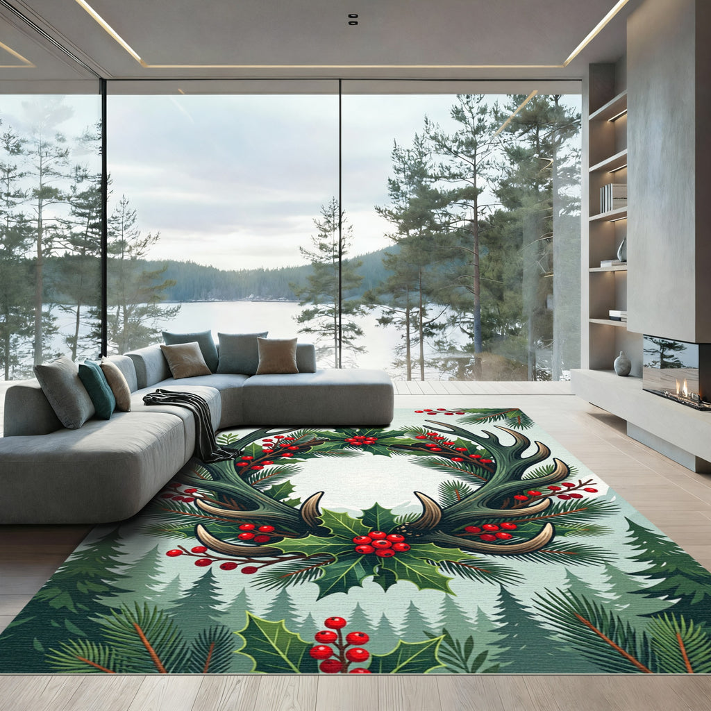 Rustic Antler and Holly Botanical Wreath Rug