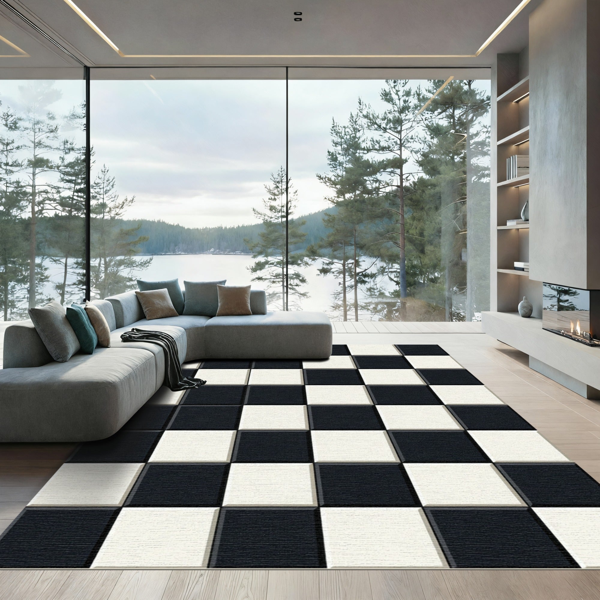 Bold Onyx Ivory Check Squared Floor Rug