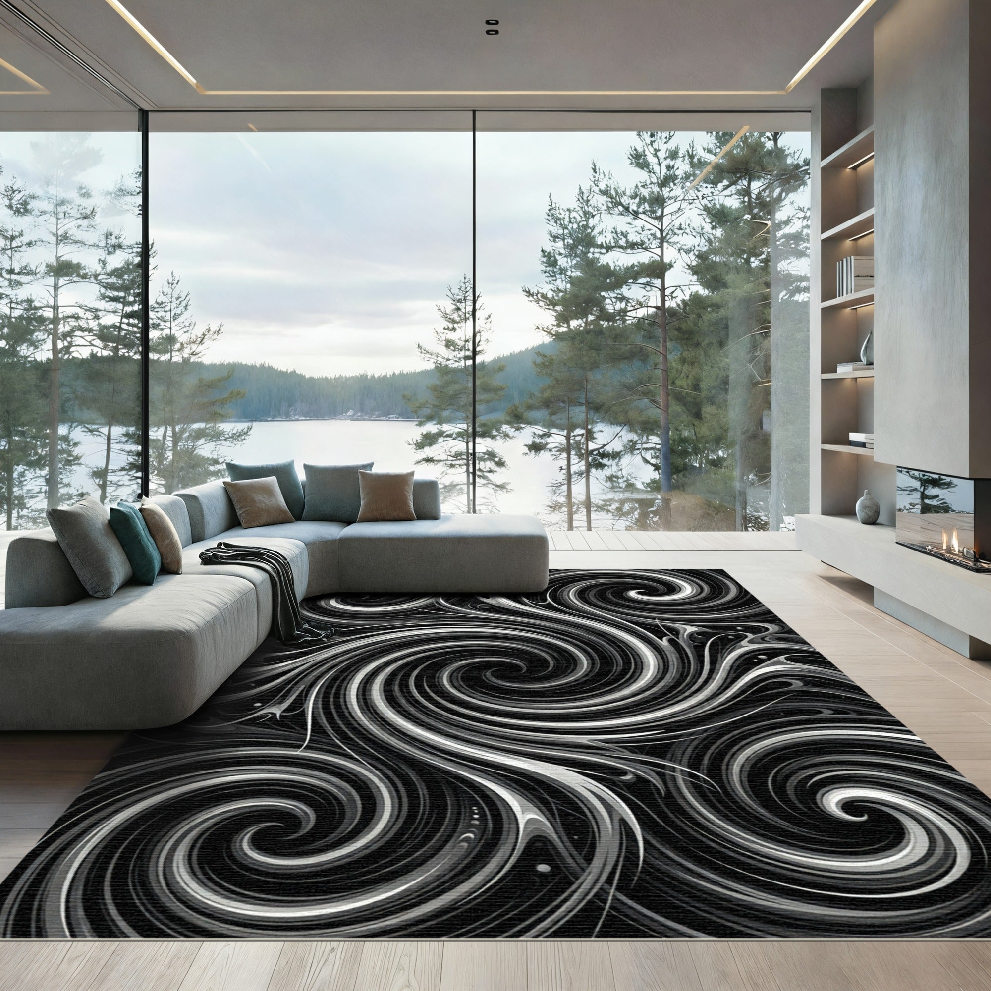 Monochromatic Swirl Abstract Fluid Rug