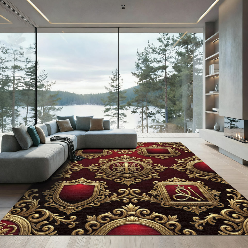 Royal Crimson Gold Ornate Heraldic Crest Rug