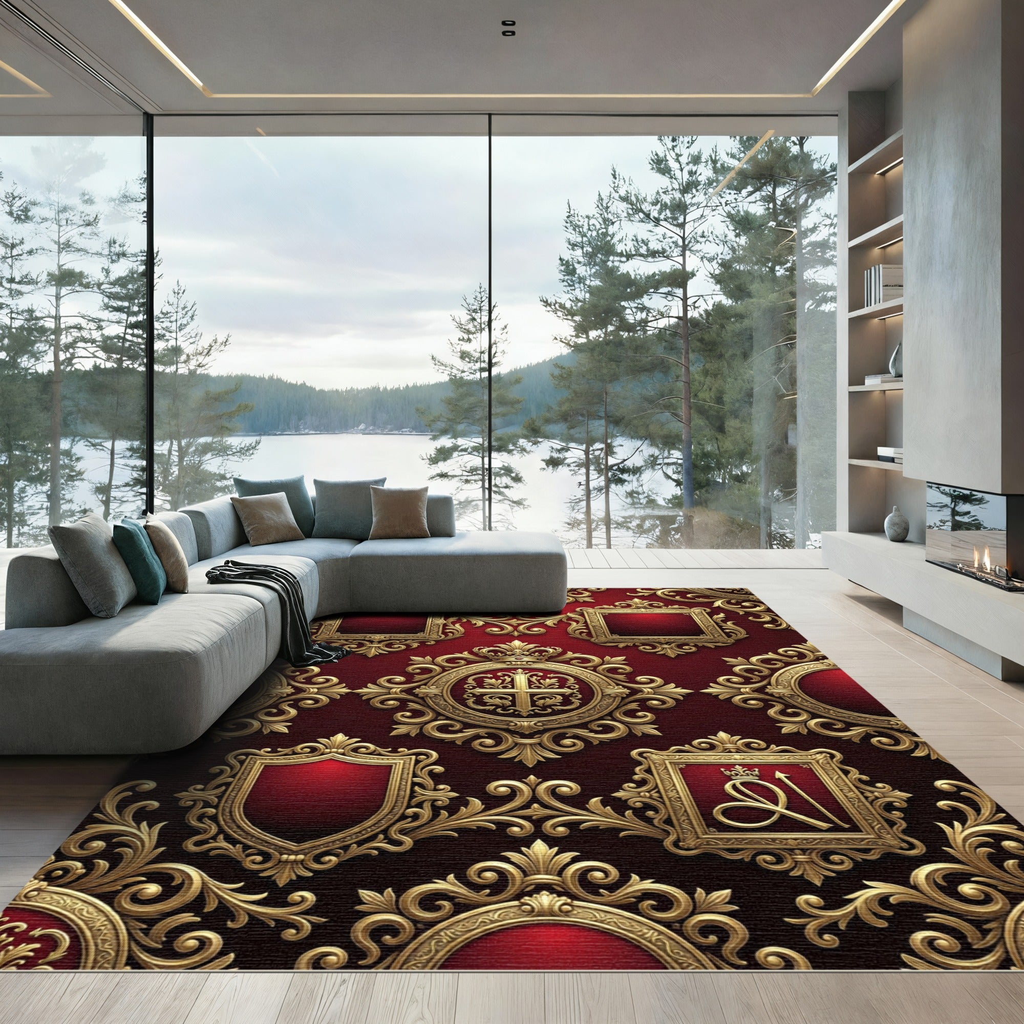 Royal Crimson Gold Ornate Heraldic Crest Rug
