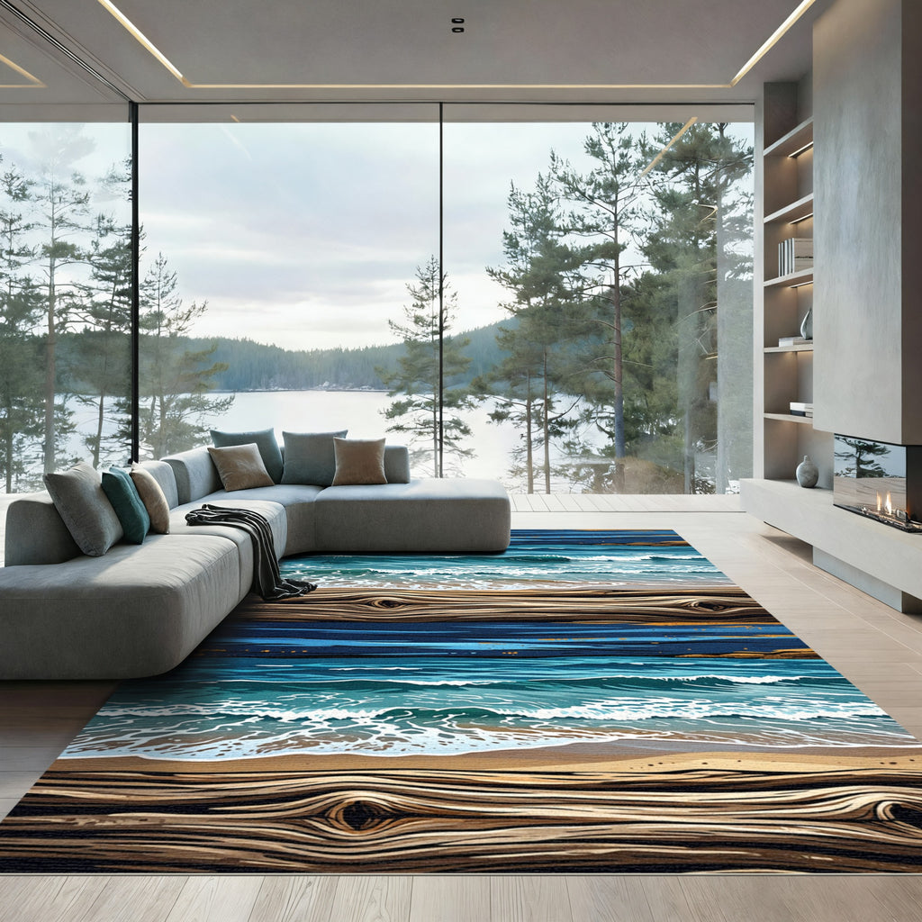 Earthy Wood Grain Ocean Wave Texture Rug