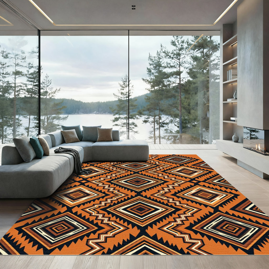 Geometric Burnt Orange Zigzag Diamond Rug