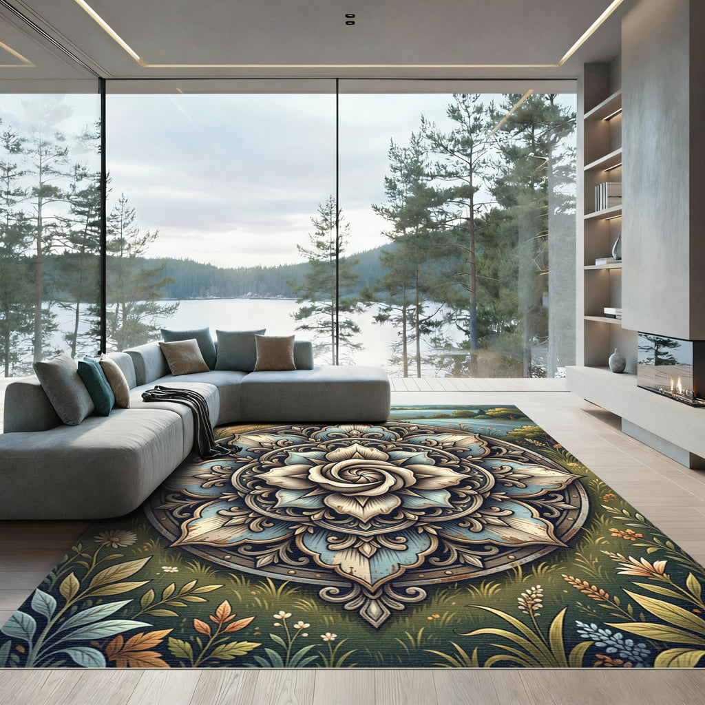 Earthy Blue Rose Floral Medallion Rug