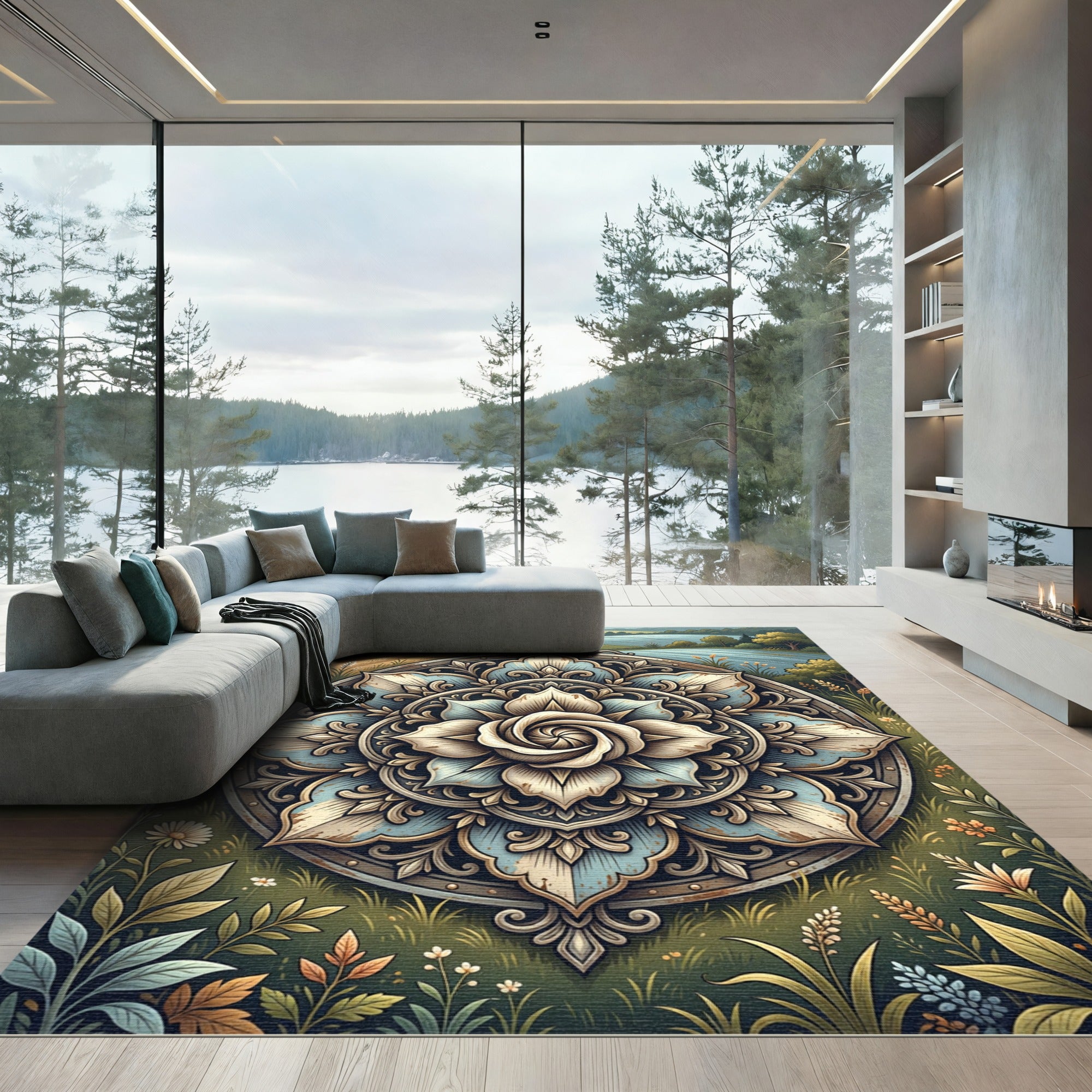 Earthy Blue Rose Floral Medallion Rug