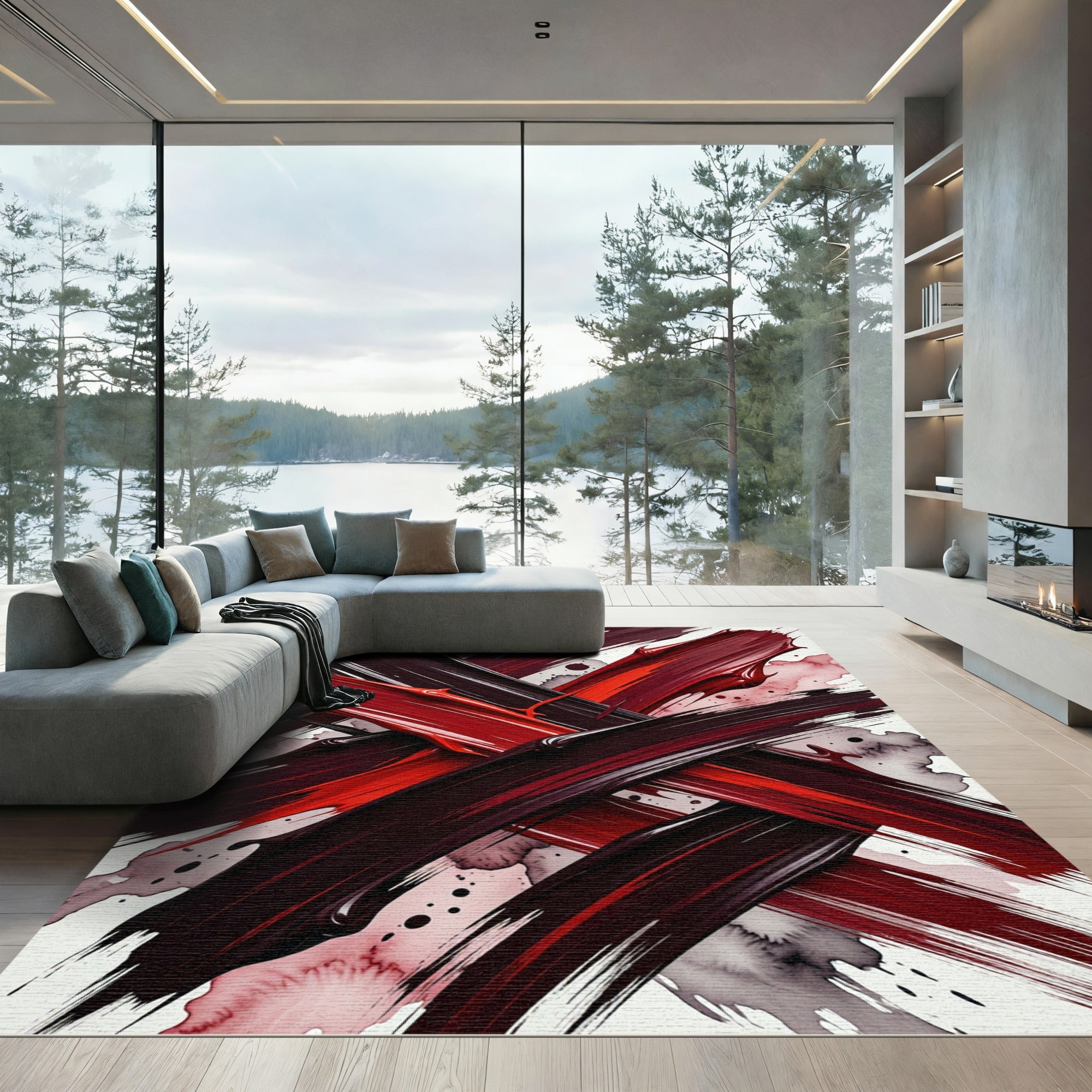 Crimson Red Bold Brushstroke Abstract Rug