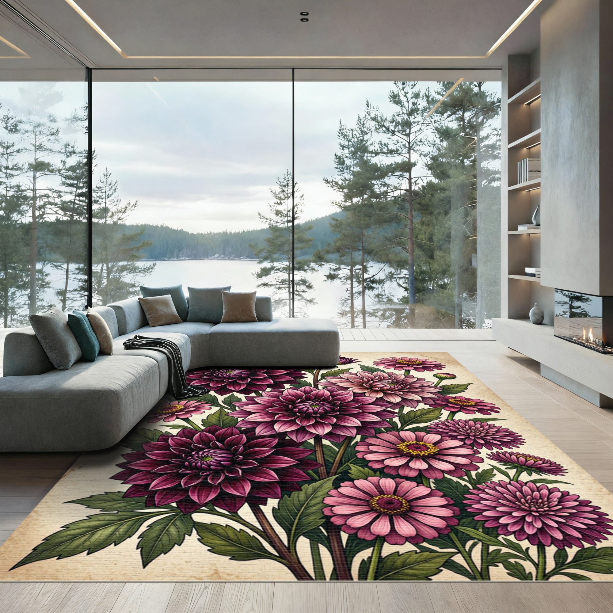Burgundy Pink Dahlia Flower Bouquet Rug