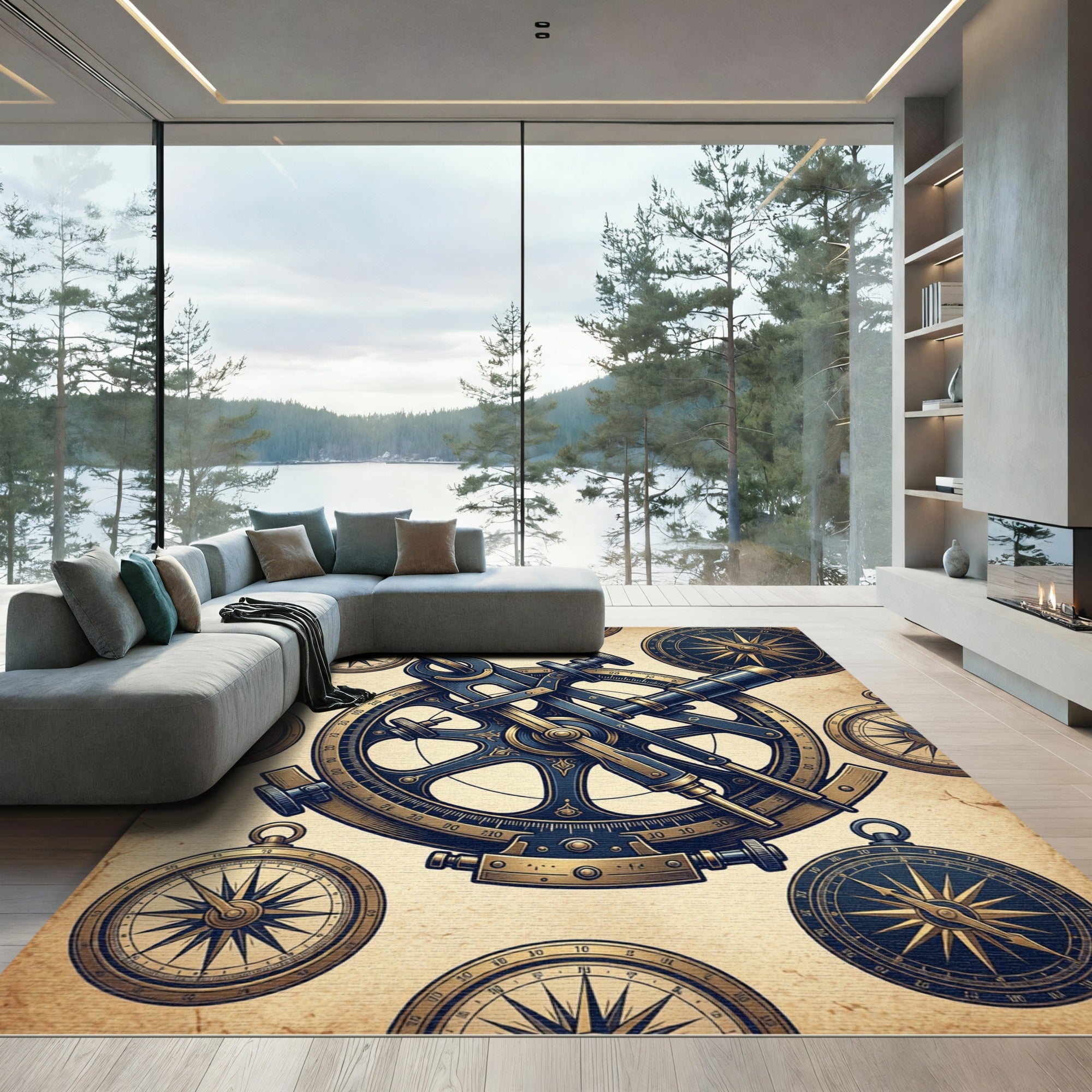 Nautical Sextant and Compass Marine Art Rug