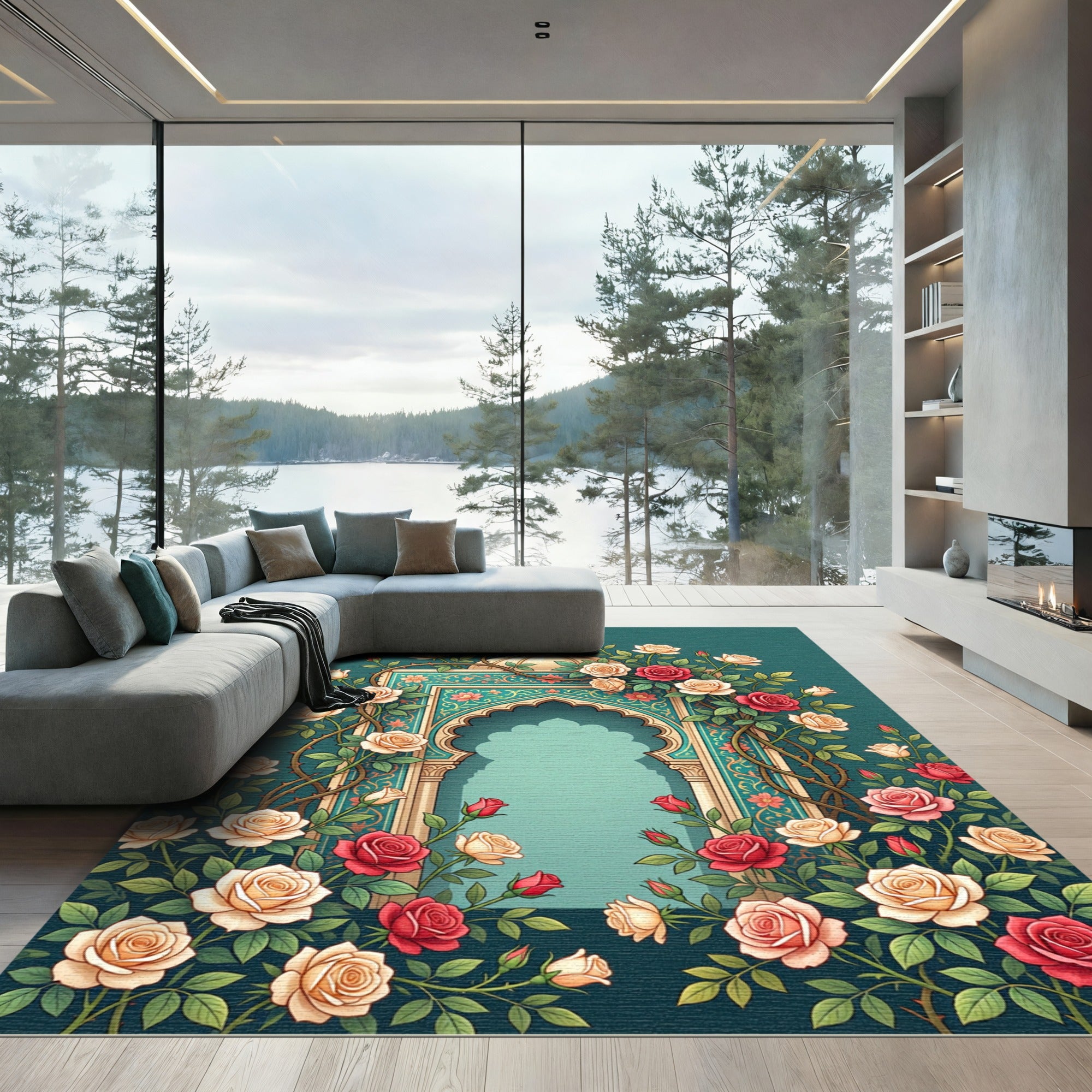 Teal Rose Garden Arch Medallion Rug