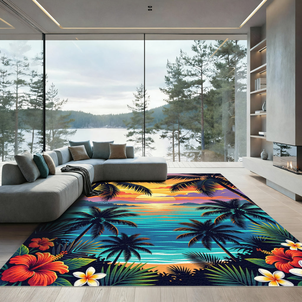 Tropical Sunset Palm Tree Beach Landscape Rug