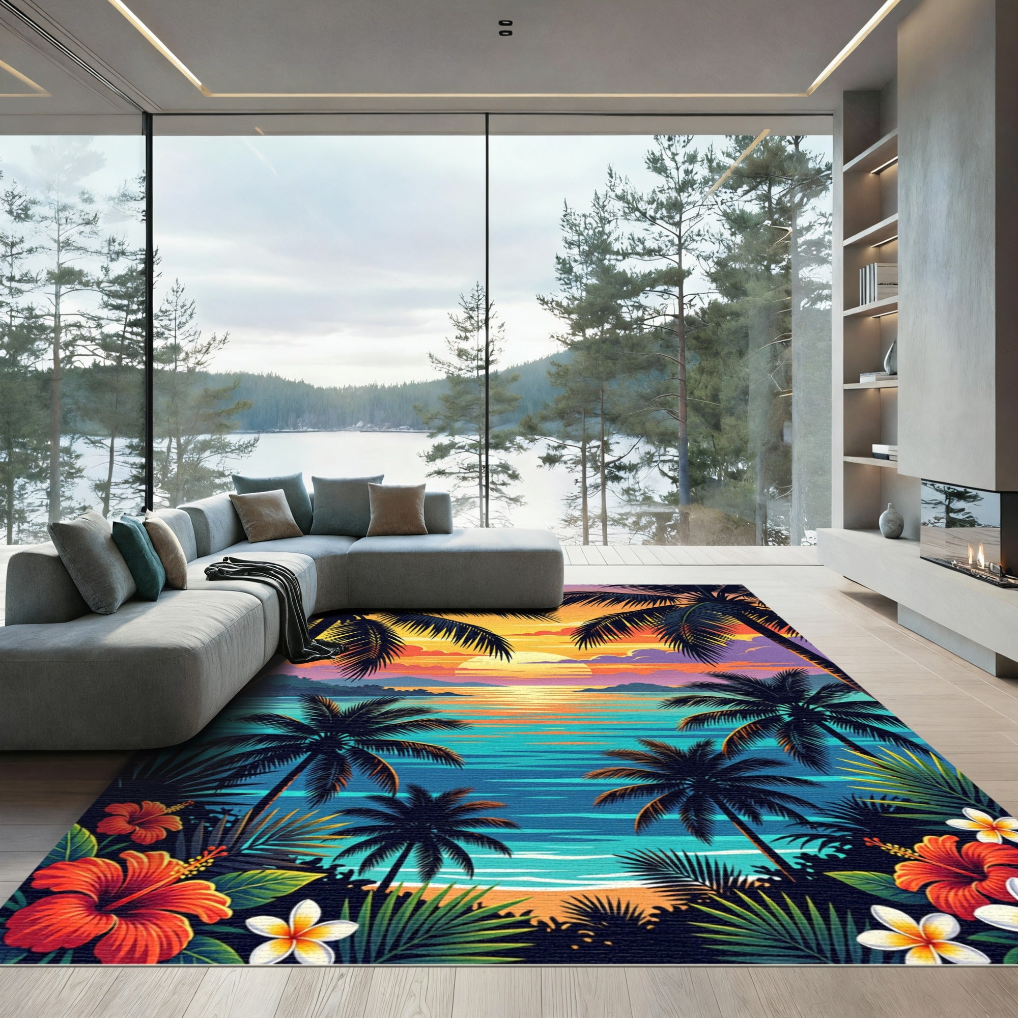 Tropical Sunset Palm Tree Beach Landscape Rug