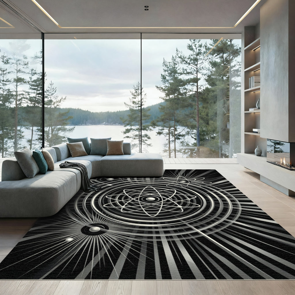 Atomic Orbit Black White Sunburst Rug