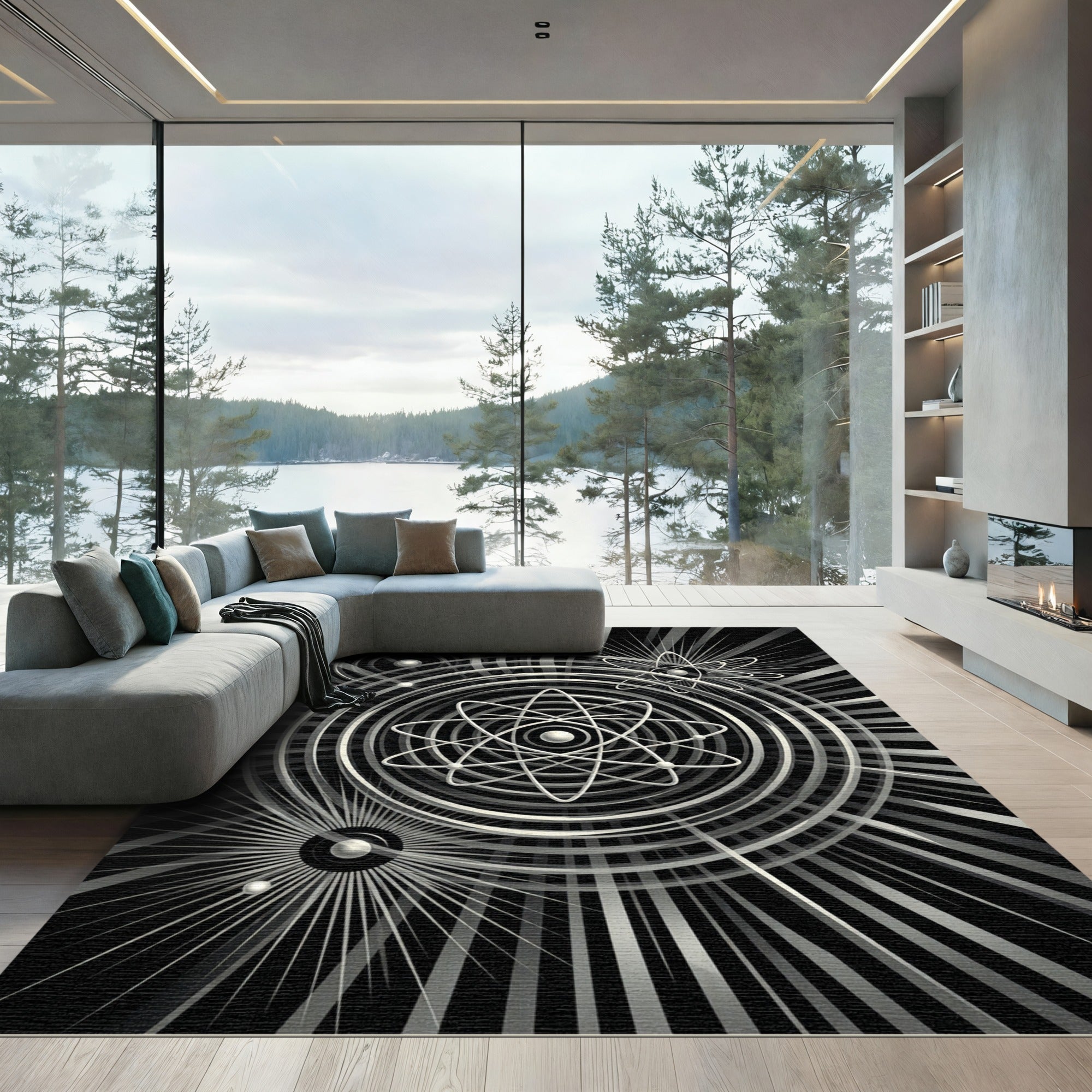 Atomic Orbit Black White Sunburst Rug
