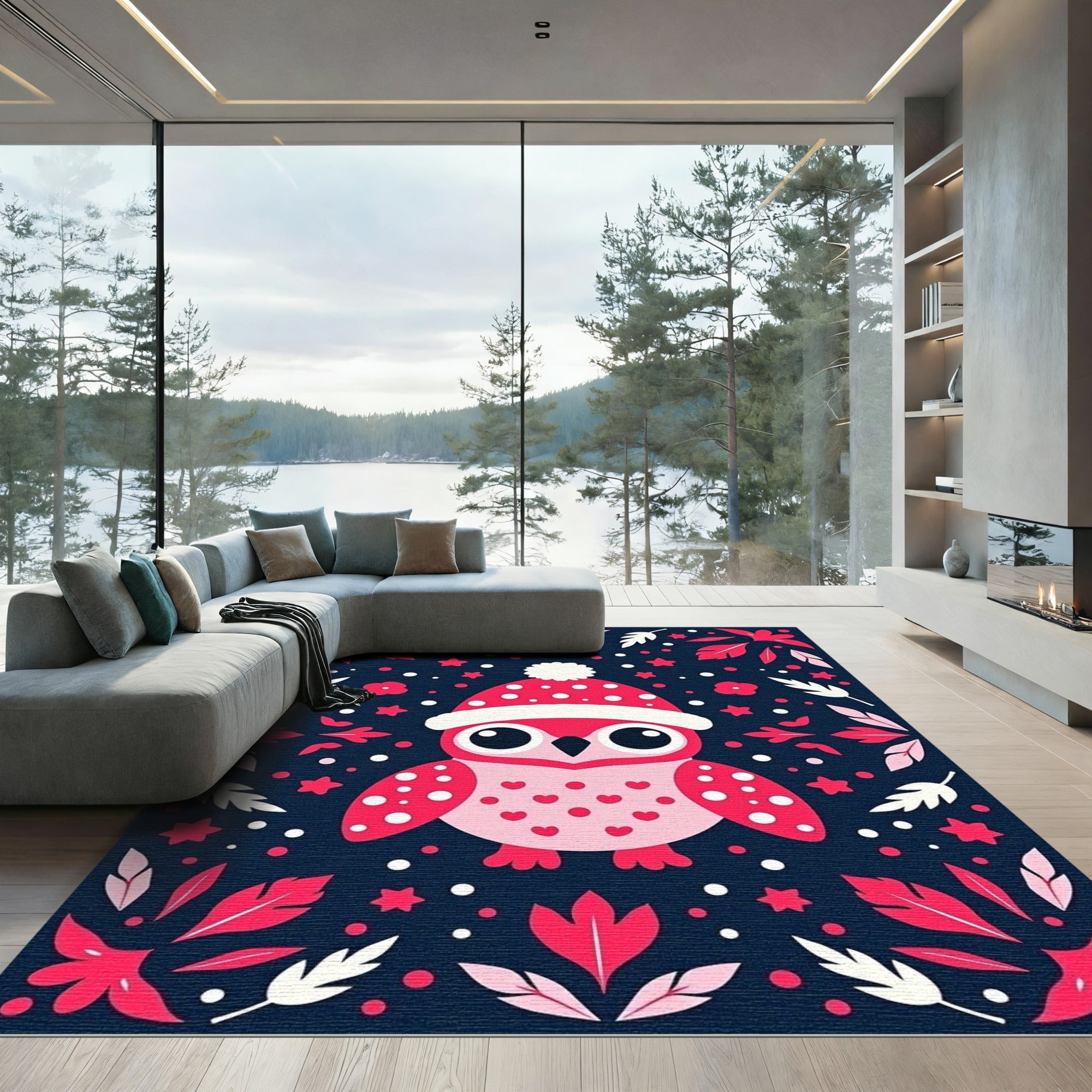 Pink Owl With Hearts And Dots Rug