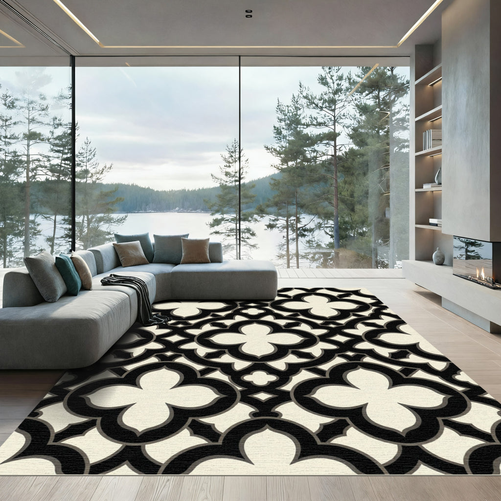 Classic Black and Cream Quatrefoil Grid Rug