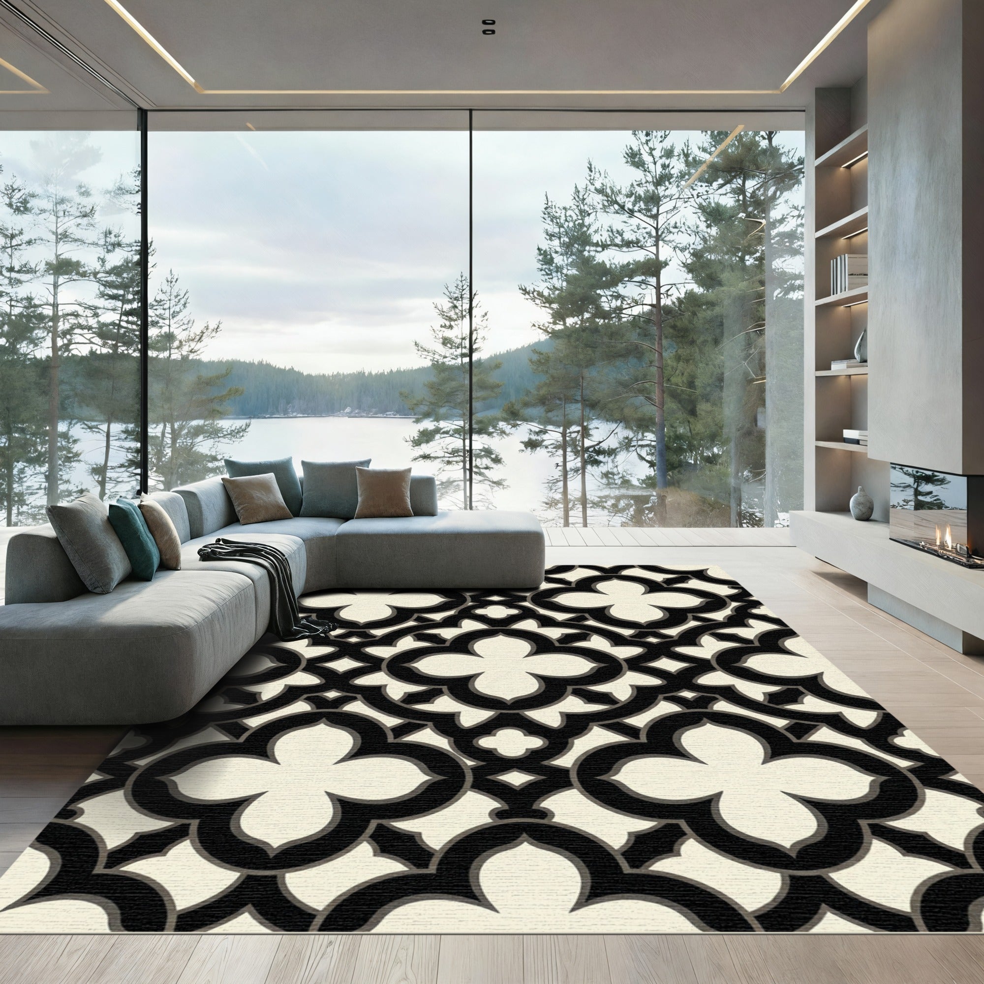 Classic Black and Cream Quatrefoil Grid Rug