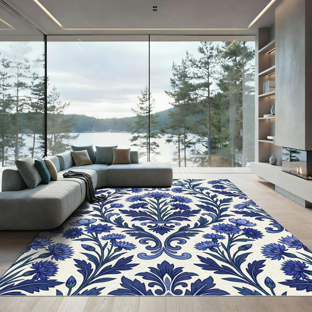 Navy Blue Cornflower Floral Scroll Rug