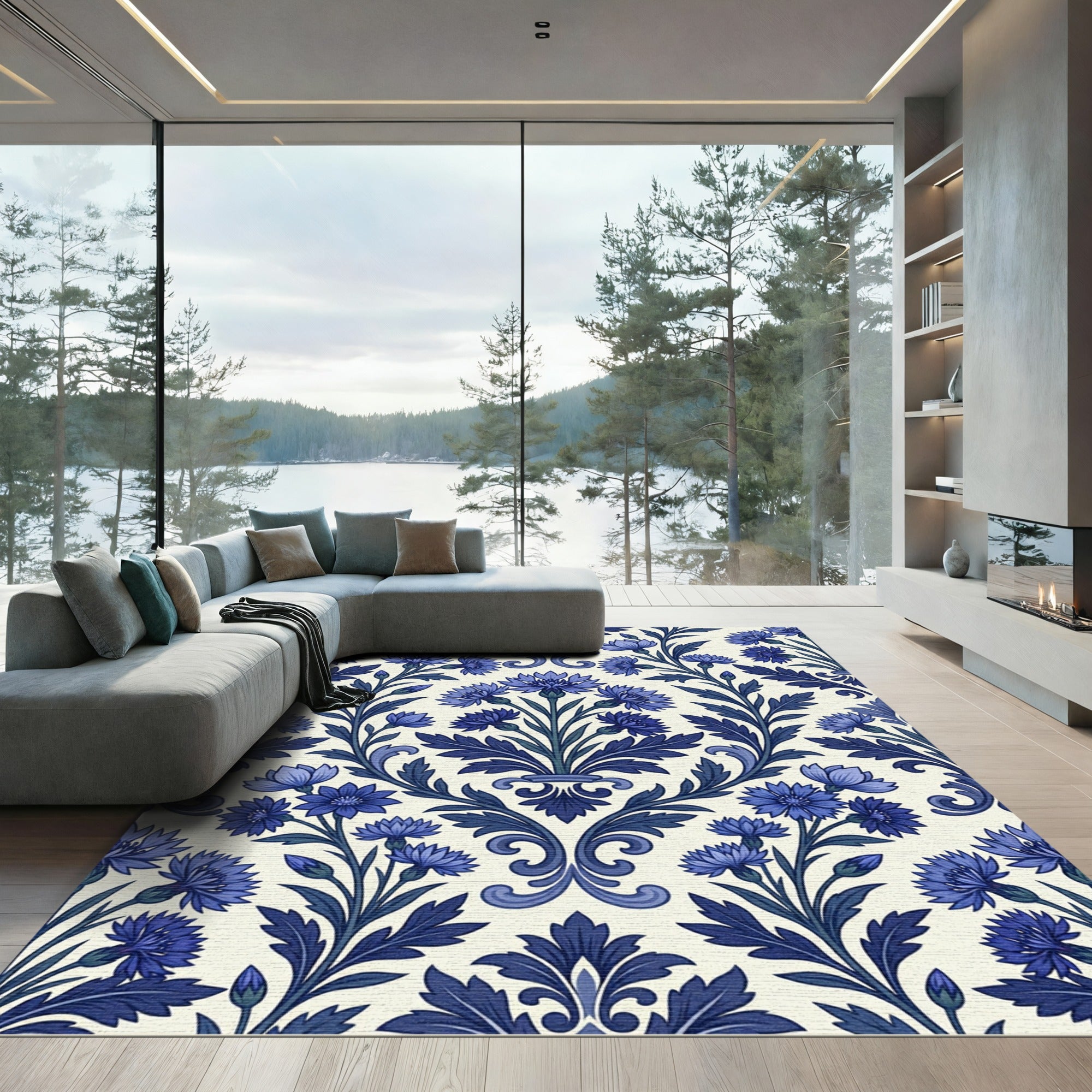 Navy Blue Cornflower Floral Scroll Rug