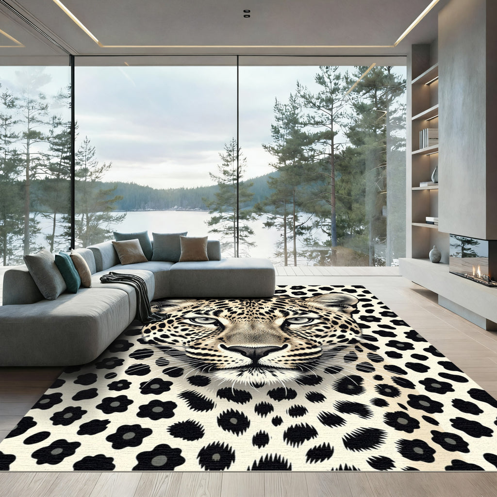 Bold Black Spotted Leopard Portrait Rug