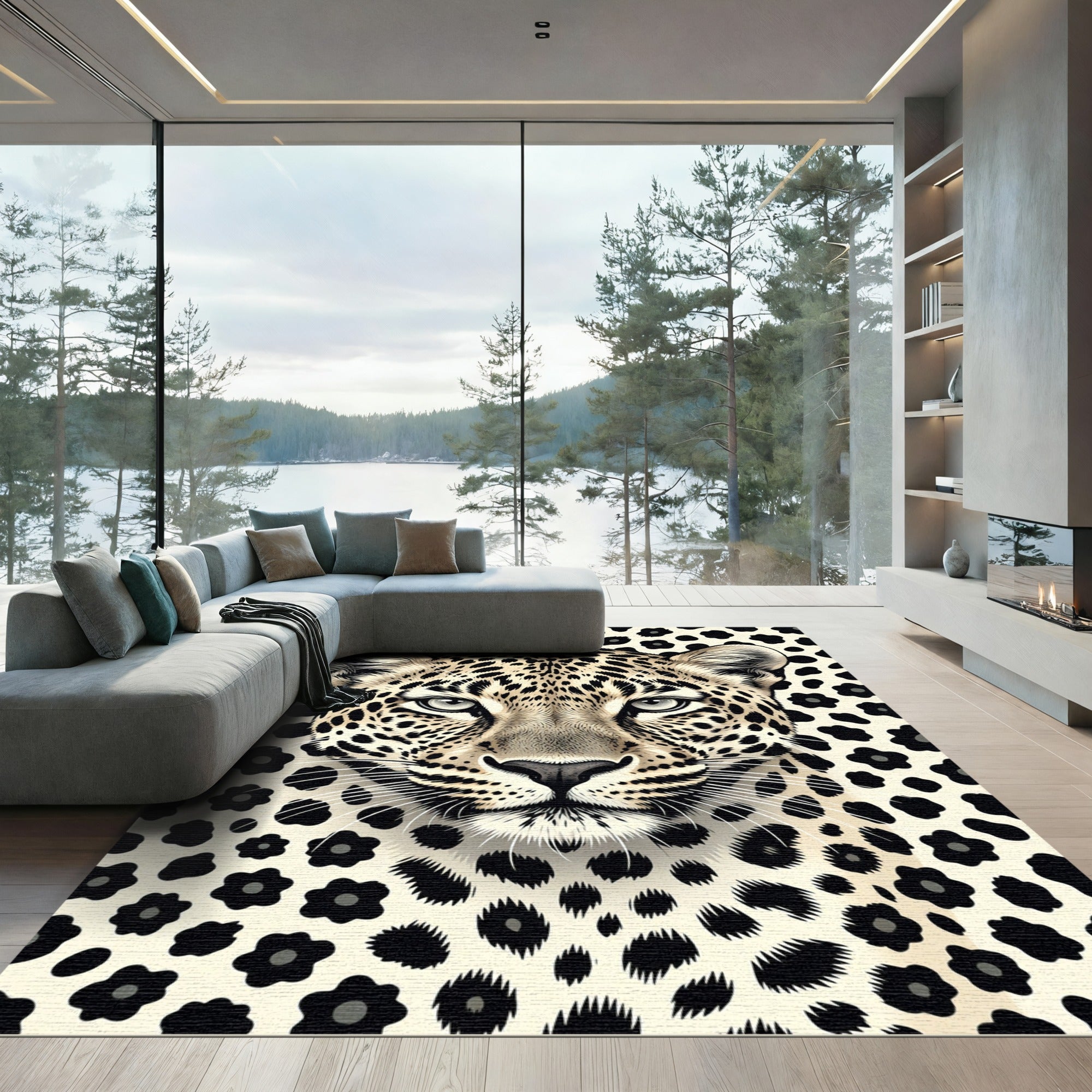 Bold Black Spotted Leopard Portrait Rug
