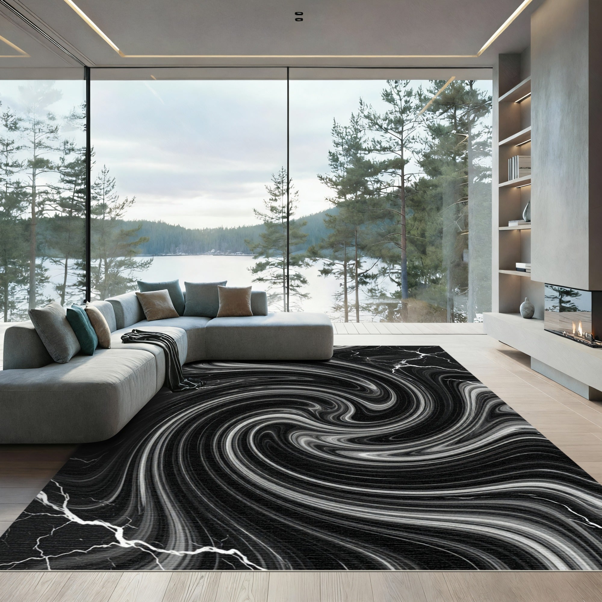 Black And White Swirling Marble Vortex Rug