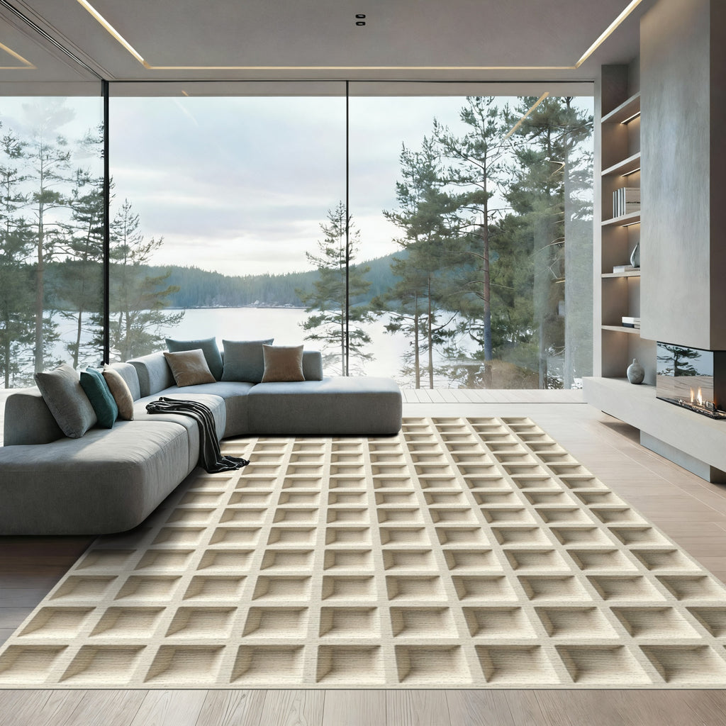 Cream Grid Architectural Geometric Rug