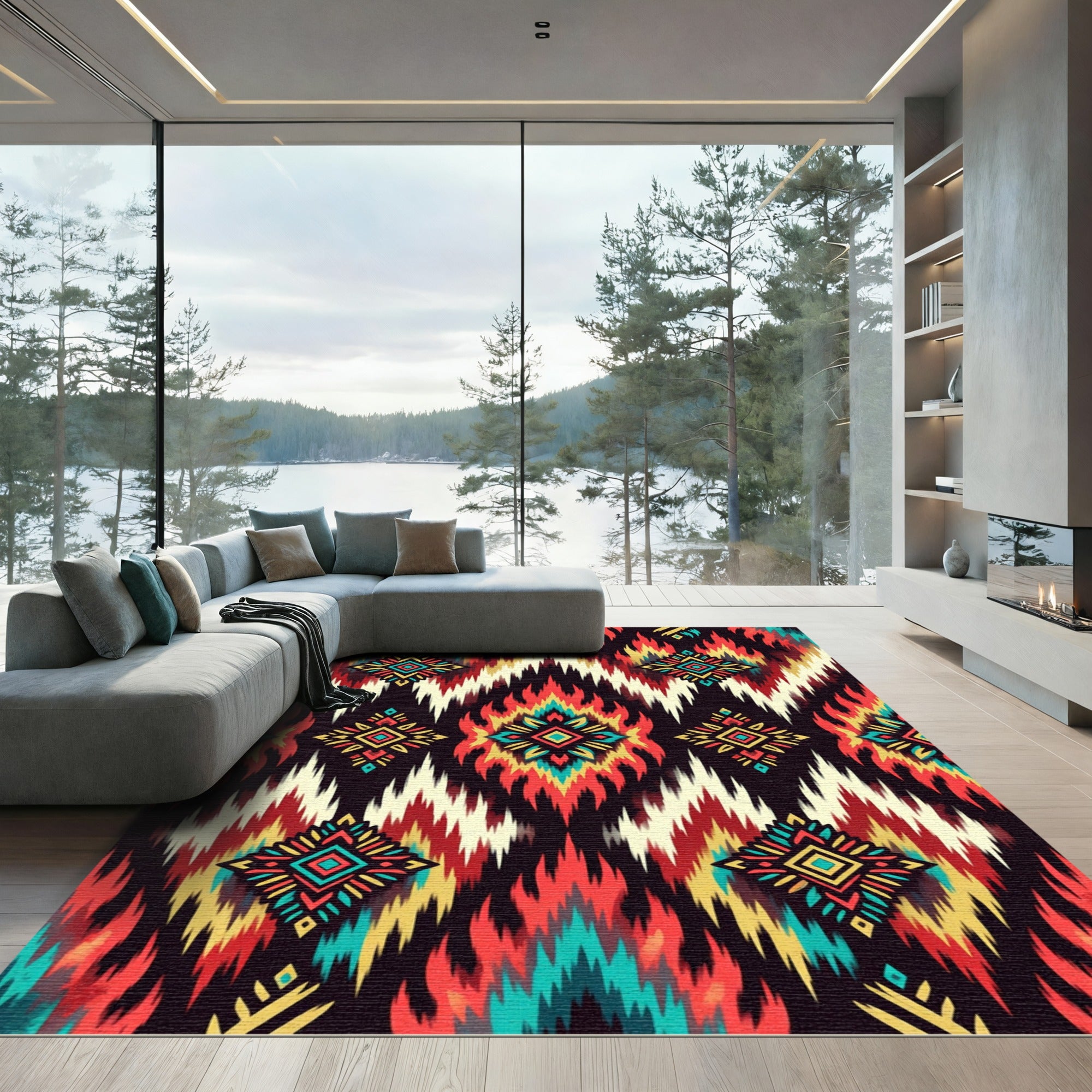 Vibrant Ikat Diamond Flame Medallion Rug