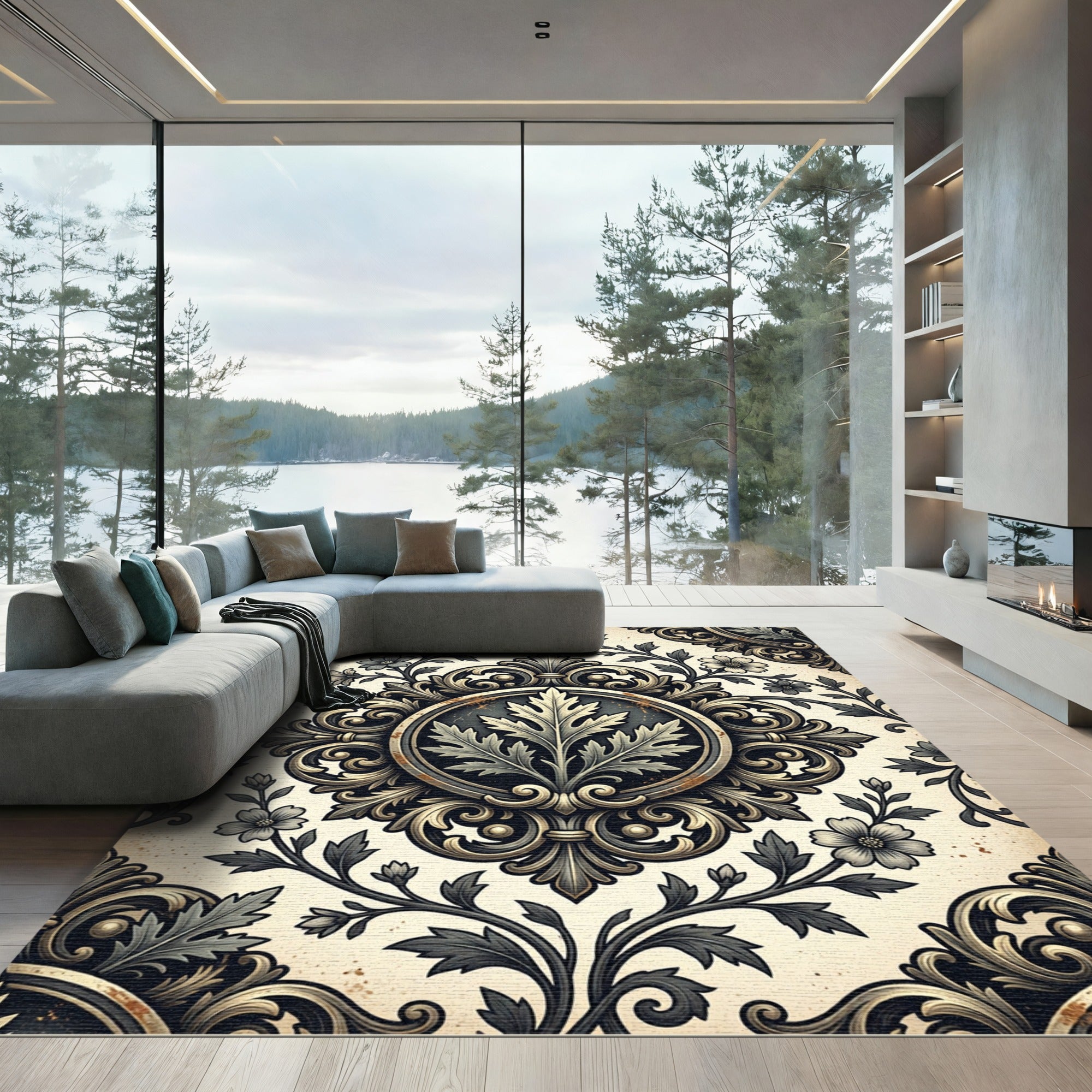 Elegant Antique Gold Floral Medallion Rug