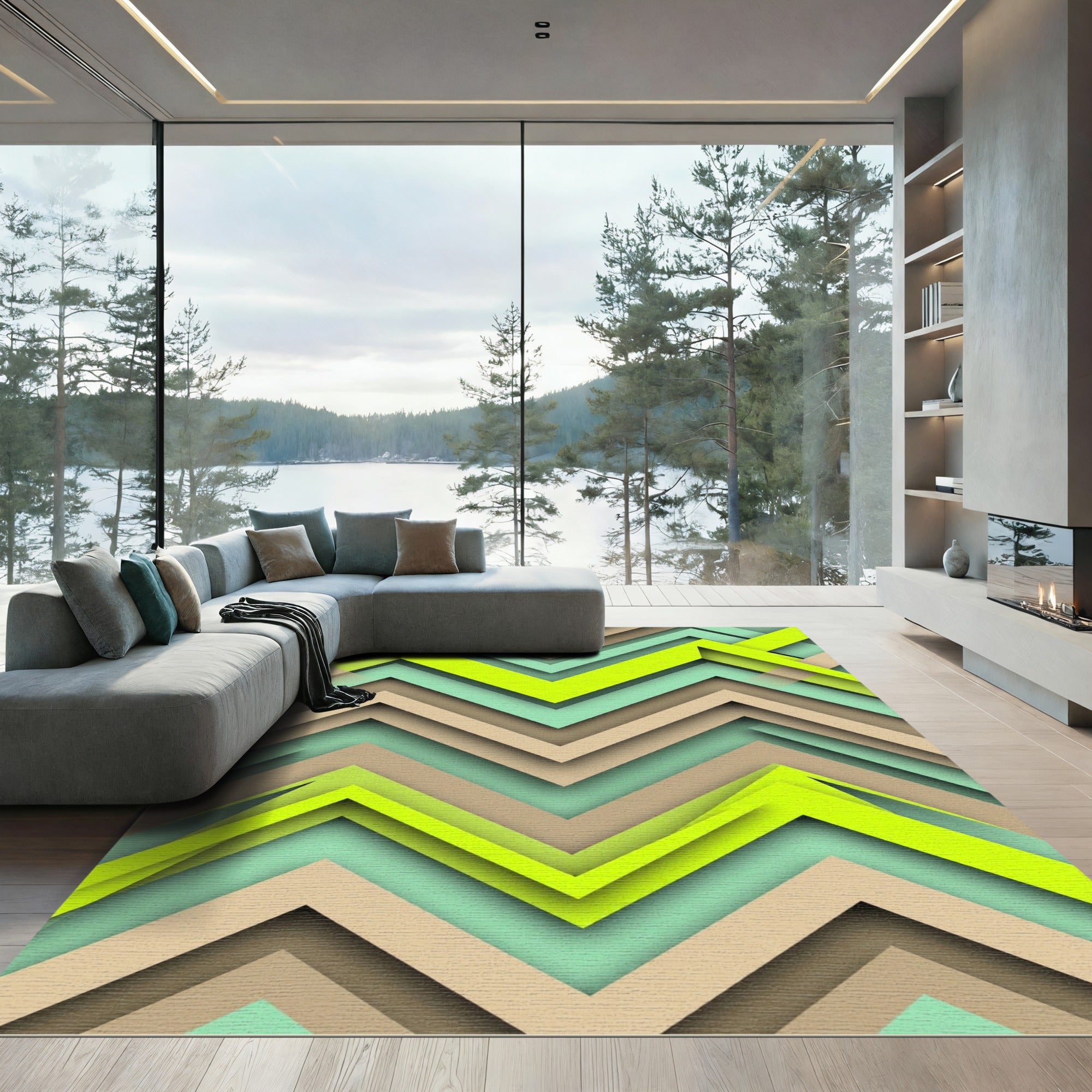 Modern Neon Lime Mint Chevron Geometric Rug