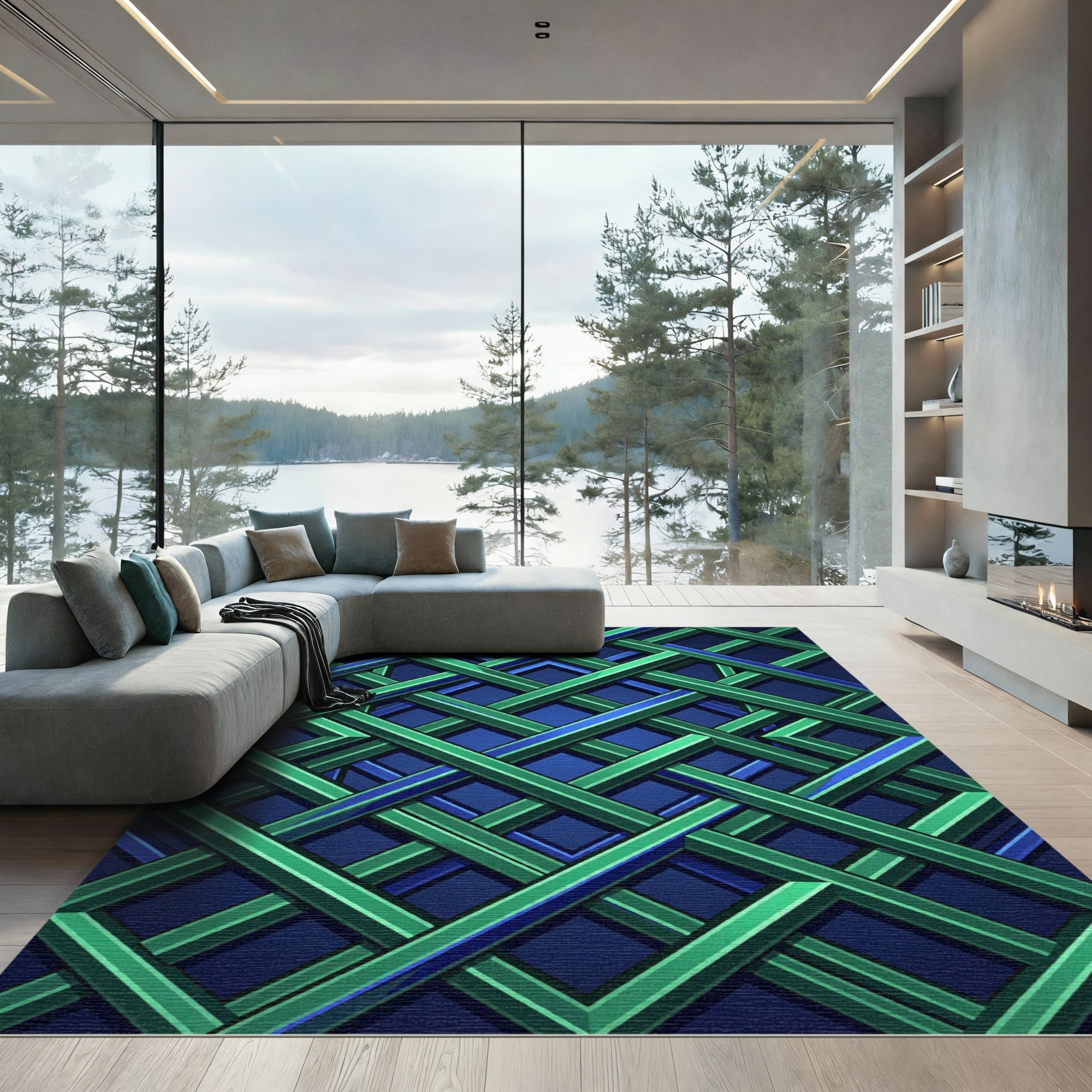 Geometric Emerald and Cobalt Intersecting Lattice Rug