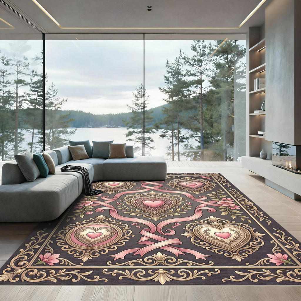 Ornate Pink Hearts Floral Border Rug