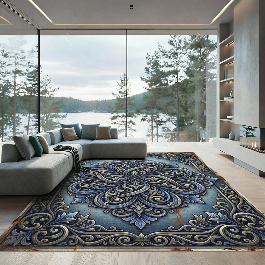 Ornate Blue Silver Victorian Scrollwork Rug