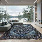 Ornate Blue Silver Victorian Scrollwork Rug