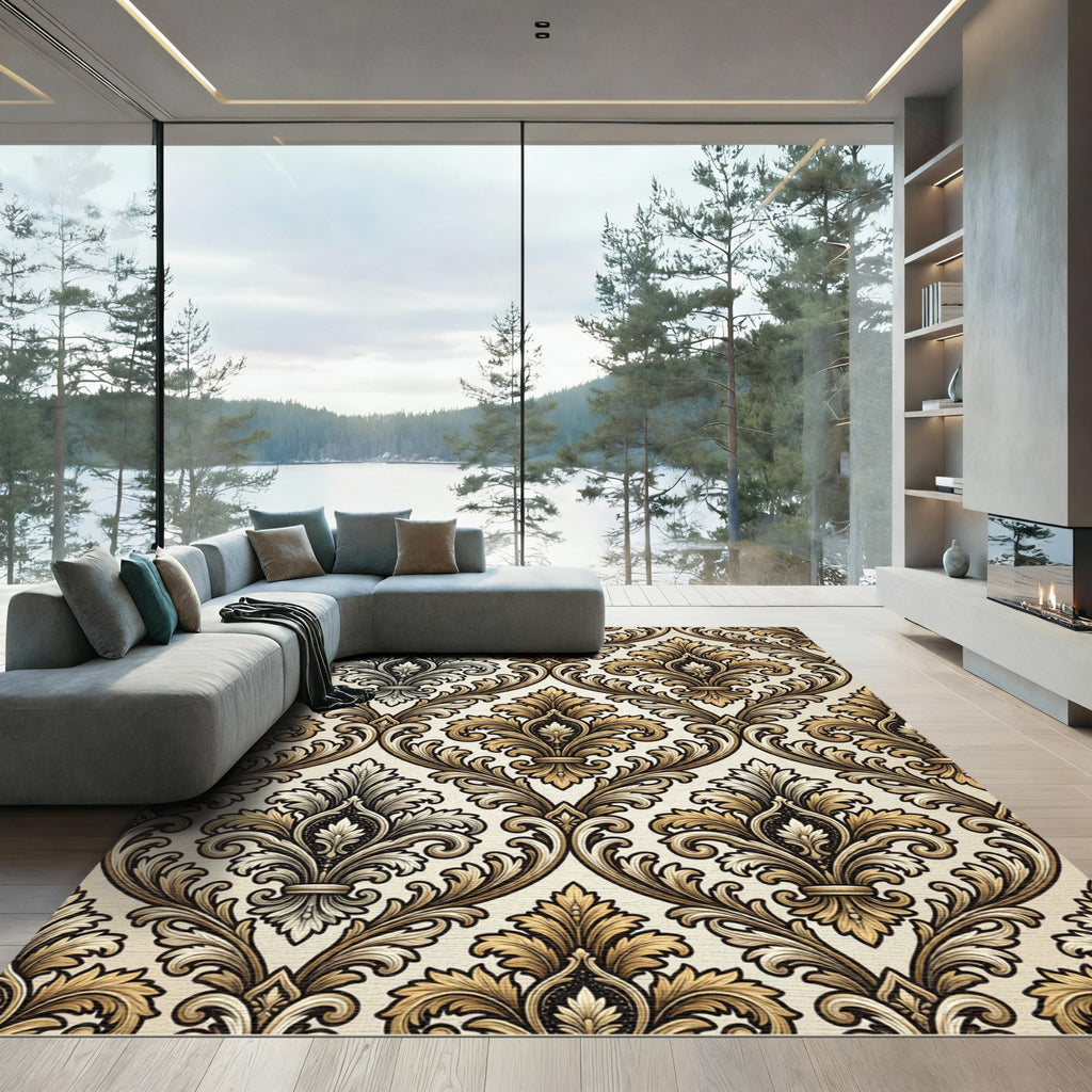 Vintage Gold and Black Damask Rug