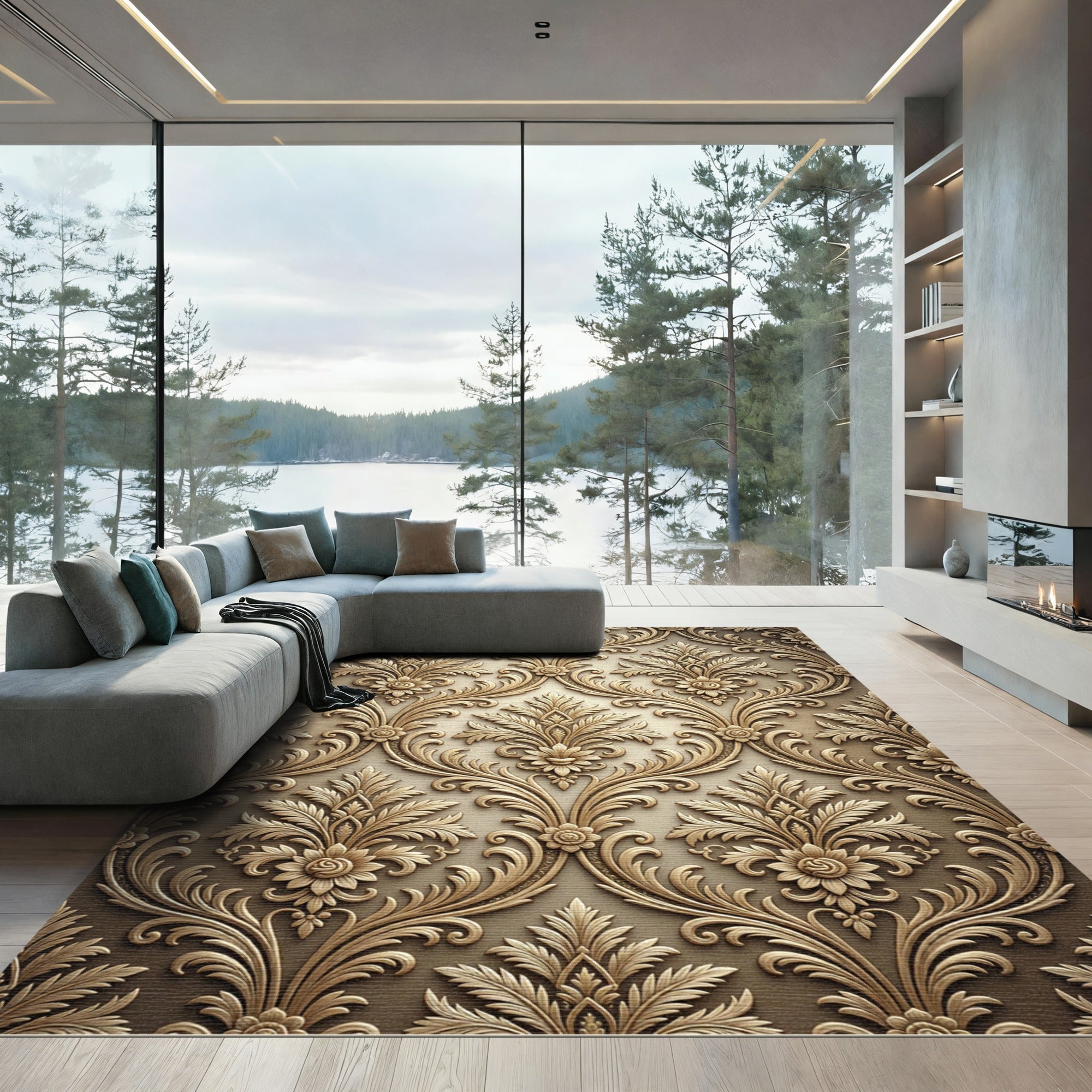 Golden Floral Acanthus Swirl Relief Rug
