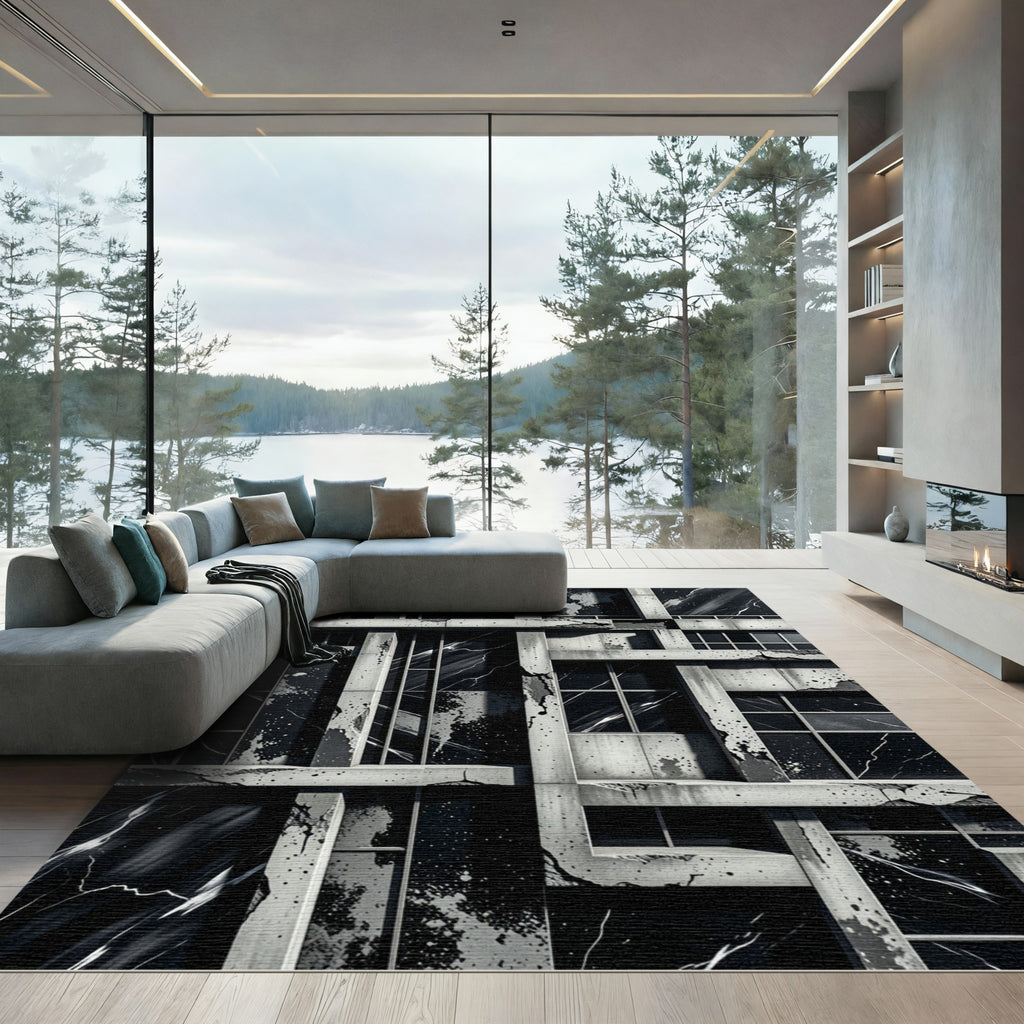 Monochrome Jagged Concrete Marble Blocks Rug